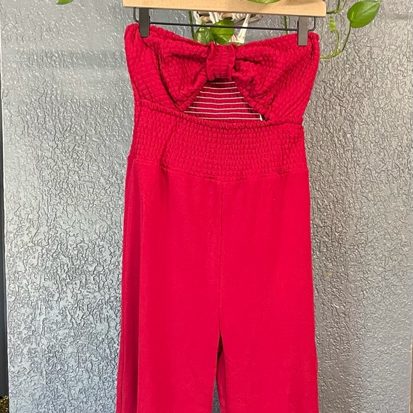 Bow Up Brick Red Smocked Strapless Wide-Leg Jumpsuit - Picture 3 of 9